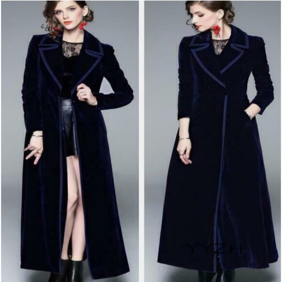 Jackets & Blazers - Navy Blue Velvet Long Formal Overcoat Trench Coat Dress Lapel A-Line Midi Jacket